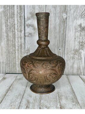 Antique Indian Engraved Etched Brass Surahi Vase